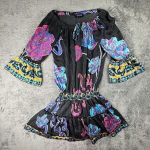Hale Bob Silk Boho Dress XS Black Aqua Paisley Floral Bell Sleeve Off Shoulder